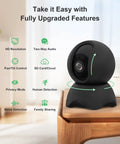 Straight Up Reliable Indoor Security Cam With Smooth 1080P HD Stream And Effortless Dual Band WiFi Pairing For Pets And Little Ones With Solid Night Vision Instant Motion Pings Two Way Chat And Plug Play SD Or Cloud Backup on a wooden table with upgraded features displayed.