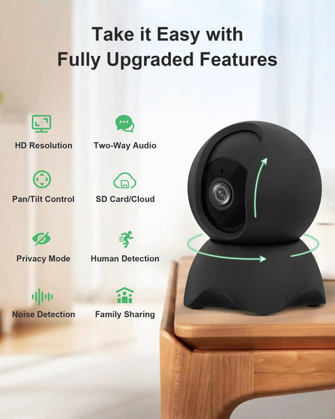 Straight Up Reliable Indoor Security Cam With Smooth 1080P HD Stream And Effortless Dual Band WiFi Pairing For Pets And Little Ones With Solid Night Vision Instant Motion Pings Two Way Chat And Plug Play SD Or Cloud Backup on a wooden table with upgraded features displayed.