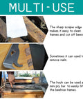 3 In 1 Stainless Steel Bee Hive Tool With J Hook And Box Scraper Knife highlighting multi-use features in beekeeping
