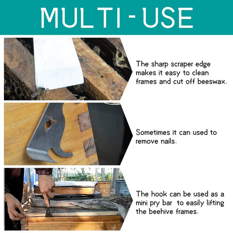 3 In 1 Stainless Steel Bee Hive Tool With J Hook And Box Scraper Knife highlighting multi-use features in beekeeping