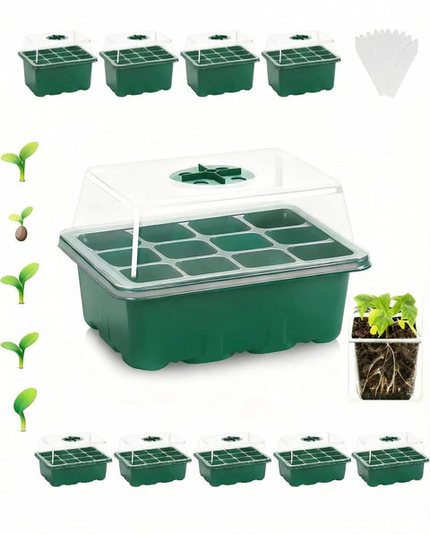 10 Pack Seed Starter Tray Kit With Humidity Dome, 120 Cell Total, showing green trays, silicone base, and clear dome with vents.