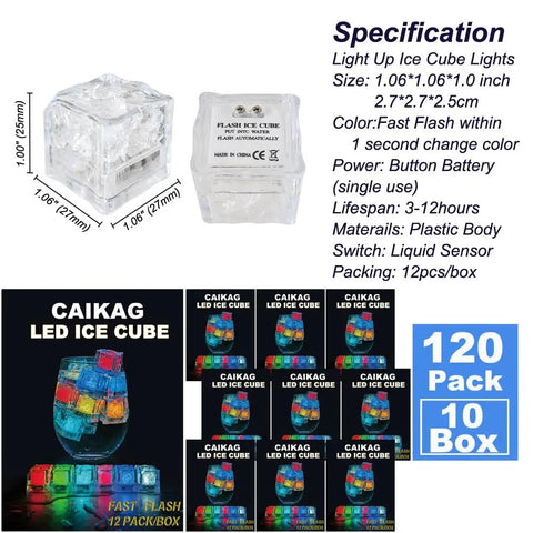 Light Up LED Ice Cubes For Drinks, 120 Pack Waterproof Multi Color Glow With Liquid Sensor packaging and details