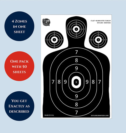 Made In USA Paper Shooting Range Silhouette Targets 50 Sheets 17x25 Inch for Pistol Rifle Practice with 4-zone design