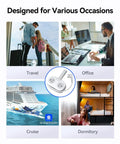 Slick Travel Power Strip With Four AC Outlets And Three USB Ports Including One USB C Connector PD 20W Fast Charging in travel, office, dormitory, and cruise settings.