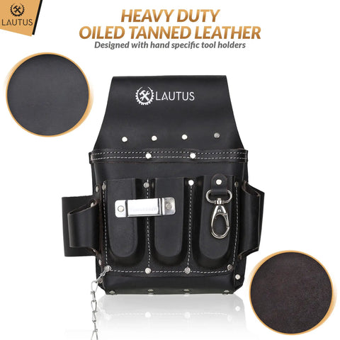 Oiled Tanned Heavy Duty Tool Belt Pouch Four Pocket Design With Pro Grade Leather And Riveted Reinforcements, front view