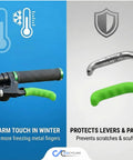 Anti Slip Shock Absorbing Brake Handle Sleeve 2 Pack Silicone Cover For Universal Brake Levers Fits Road Bikes Mountain Cyclocross BMX And City Scooters Red, green silicone covers on handlebar and metal lever.