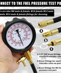 Front view of automotive fuel pressure tester gauge kit with brass fittings and hoses, 0–140 psi range.