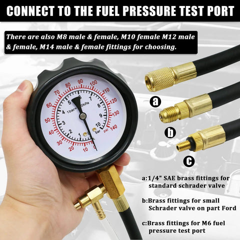 Front view of automotive fuel pressure tester gauge kit with brass fittings and hoses, 0–140 psi range.