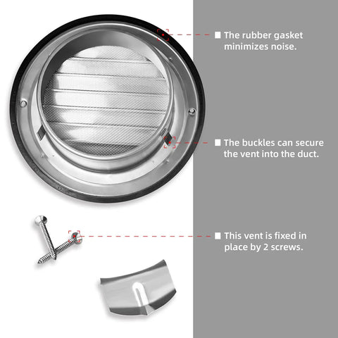 4-Inch Round Stainless Steel Dryer Vent Cover Grill Hood with rubber ring, screws, and drip catcher for home use, garages, RVs.