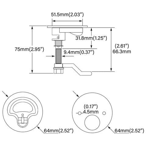 Diagram of Boat Cam Latch 316 Stainless Steel Flush Mount Hatch showing dimensions for marine deck or door installation