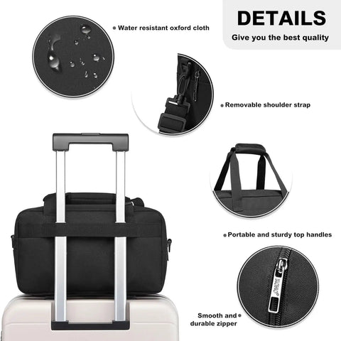Underseat Carry On Duffle Bag 20L for plane travel, gym, and weekend getaway showcasing features and black color on suitcase handle.