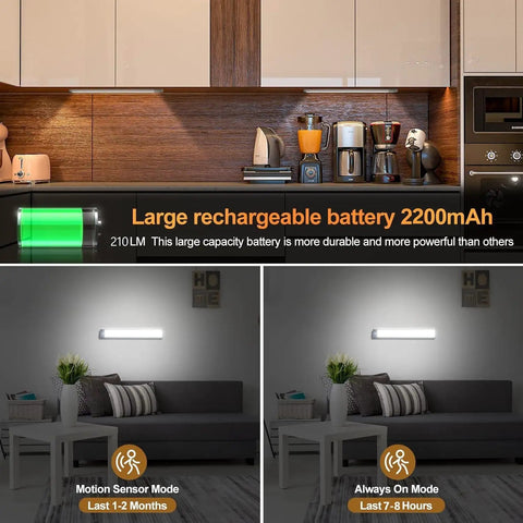 Two Pack Under Cabinet Lights With 60 LED Dimmable Motion Sensor USB Rechargeable Magnetic Mount 3 Color Modes display and modes