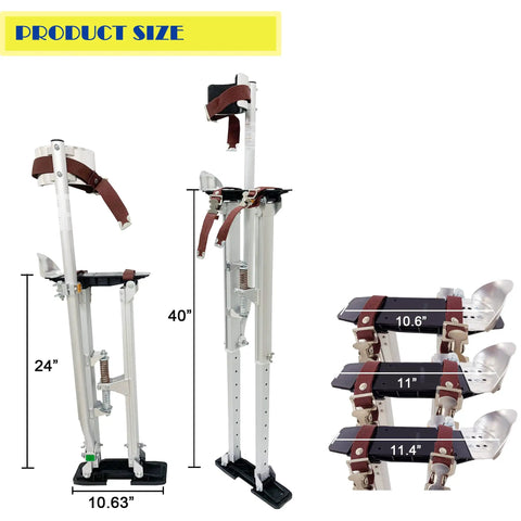 Aluminum Drywall Stilts 24 To 40 Inch Height Adjustable Tool Stilts with size details and reinforced foot straps visible