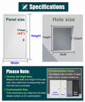 Specifications for Heavy Duty Steel Drywall Access Door And Lockable Maintenance Hatch 28 By 54 Inches, showing panel and hole size.