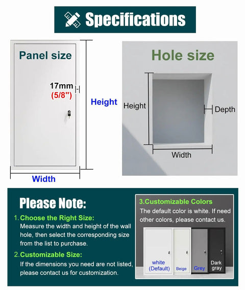 Specifications for Heavy Duty Steel Drywall Access Door And Lockable Maintenance Hatch 28 By 54 Inches, showing panel and hole size.