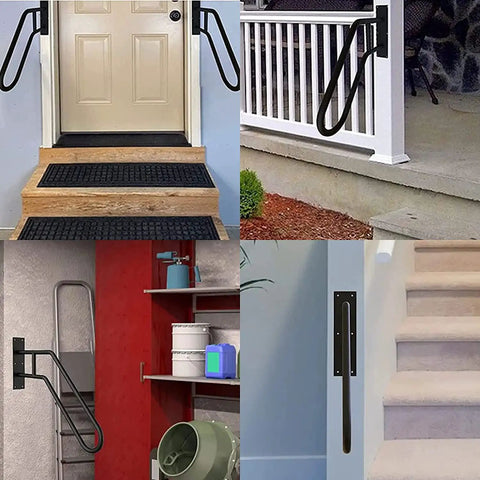 Heavy Duty Wall Mount Handrail U Shaped Curve For Outdoor Steps Indoor Stairs Solid Stainless Steel Grab Bar Matte Black on steps and wall.