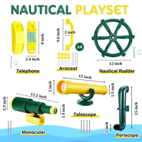Pirate Themed Playground Accessories Set For Swing Set 9 Piece Outdoor Playhouse Kit With Plastic Steering Wheel Telescopes Periscope Toy Telephone 4 Safety Handles And Hardware Yellow And Green Kids Will Love, shown with measurements and components labeled.