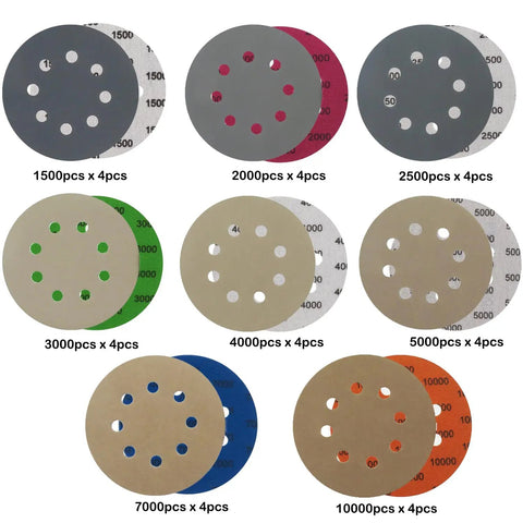 32 Piece 5 Inch Pro Grade Sanding Discs Hook And Loop 8 Hole Wet Dry Sandpaper Set variety showing grits 1500 to 10000