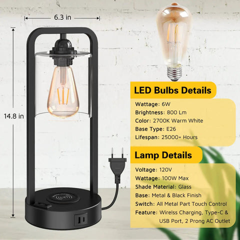 Two-Pack Wireless Charging Bedside Table Lamp Set With Touch Control Dimmable Lights, Glass Shade, USB and AC Ports Shown