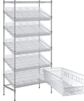 Hella Sturdy Boss Level Heavy Duty 18 By 36 By 74 Inch Chrome Wire Utility Rack With 25 Clear Slanted Storage Bins, showcasing chrome shelving and clear bins.
