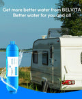 RV Inline Water Filter With Flexible Hose Protector For RVs And Marine Use 2 Pack next to a camper in nature