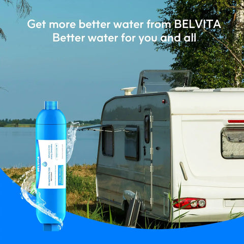 RV Inline Water Filter With Flexible Hose Protector For RVs And Marine Use 2 Pack next to a camper in nature