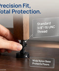Adjustable 3/8 Inch 16 Thread Furniture Leveling Feet With T Nuts, 4 Pack installed on table leg with wide nylon base.