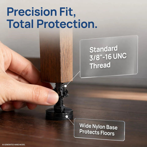 Adjustable 3/8 Inch 16 Thread Furniture Leveling Feet With T Nuts, 4 Pack installed on table leg with wide nylon base.