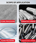 Scope of application for Built Solid Workhorse 3 Inch Flat Diamond Grinding Wheel showing stone processing, glass polishing, cemented carbide, tungsten steel grinding.