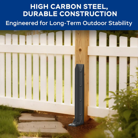 Fix Your Busted Fence Lines Fast With These Dang Solid Cold Rolled Steel Repair Stakes Heavy Duty Post Reinforcement Kit For Leaners And Weak Sections Black 6 Pack installed by a wooden fence.