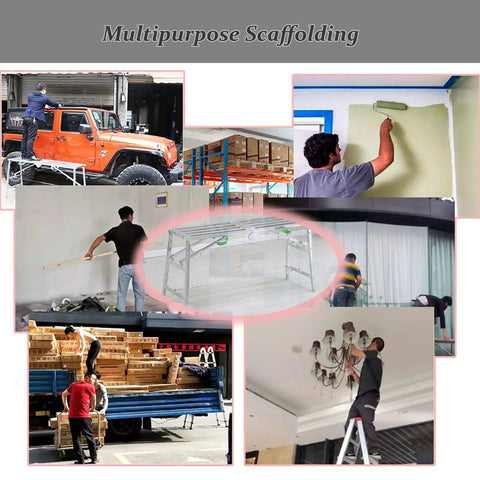 Scaffolding Equipment Foldable Work Platform and Ladders in use for painting and maintenance with adjustable height levels