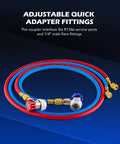 R134a Quick Coupler Adapters Two Pack With High Low Pressure Connectors, 1/4 Inch Port Fit, Snap Lock Knurled Grip For Easy Install And Quick Refrigerant Servicing on red and blue hoses