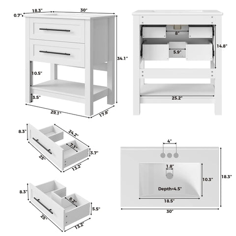 Top Notch 30 Inch Bathroom Vanity With Integrated Sink And Two Roomy Drawers Plus Handy Open Shelf dimensions and features