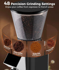Premium Home Barista Combo Loaded With A 58Mm Commercial Style Espresso Maker And Precision Conical Burr Grinder showing 48 grinding settings for various coffee styles.