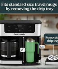 Dual Brew Coffee Maker With 12 Cup Glass Carafe And Single Serve Pods Programmable Touchscreen For Ground Coffee Or K Cup Auto Shut Off Black, showing removable drip tray and travel mug compatibility.