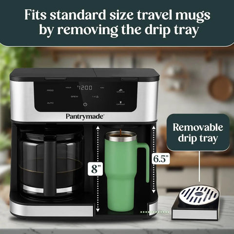 Dual Brew Coffee Maker With 12 Cup Glass Carafe And Single Serve Pods Programmable Touchscreen For Ground Coffee Or K Cup Auto Shut Off Black, showing removable drip tray and travel mug compatibility.