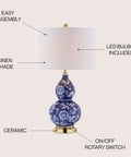 27 Inch Blue White Ceramic Chinoiserie Table Lamp With Floral Double Gourd Vase Design, White Linen Drum Shade, Brass Gold Base, LED Bulb Included