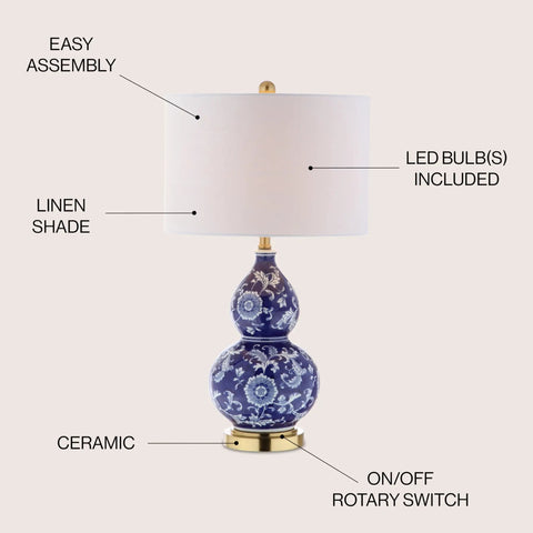 27 Inch Blue White Ceramic Chinoiserie Table Lamp With Floral Double Gourd Vase Design, White Linen Drum Shade, Brass Gold Base, LED Bulb Included