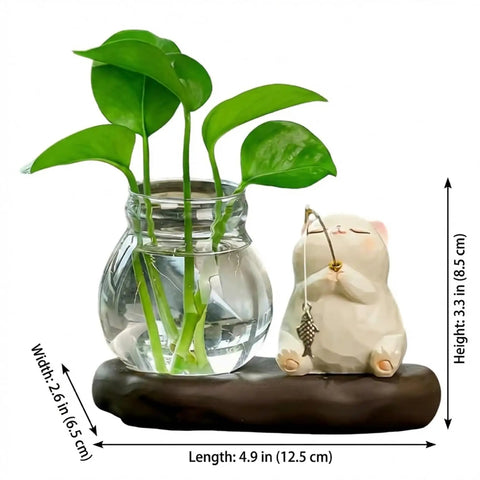 Dope Glass Propagation Station With Wood Display Vases For Water Rooting, Nordic Style Desk Planter, Eco Friendly, Cat Figurine Detail