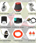 PZ20 Carburetor Upgrade Kit With Ignition Coil AC CDI Box Starter Solenoid Relay And Voltage Regulator parts layout.