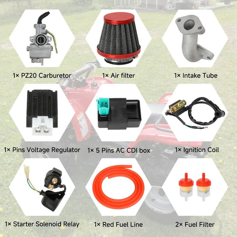 PZ20 Carburetor Upgrade Kit With Ignition Coil AC CDI Box Starter Solenoid Relay And Voltage Regulator parts layout.