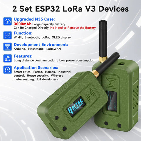 Dual Pack Esp32 Lora V3 Module Board Featuring Slick Hard Case And Reliable Battery Plug And Play Wifi And Bluetooth With 915 Mhz Antenna Compact Oled Display Type C Port For Arduino Meshtastic And Iot Projects Ready To Roll Straight Up Powerhouse, showing green casing and antennas.
