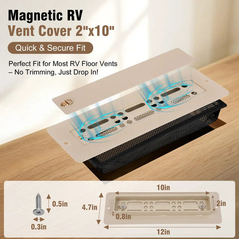 Beefy Rugged Aluminum RV Floor Vent Cover Kit 2x10 Magnetic Removable Floor Register Trap RV Heater Vent Replacement Pet Friendly