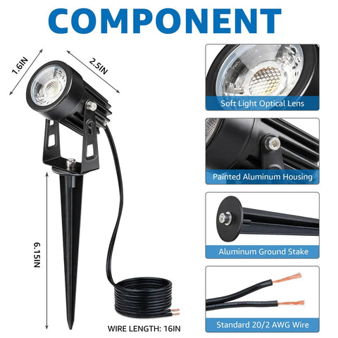 All In One LED Low Voltage Landscape Lighting Kit Components with spotlight, wire, and connectors shown.
