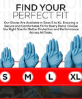No Bull 8 Mil Nitrile Work Gloves In Blue Featuring Fully Textured Diamond Grip Surface Powder Free Design Engineered For Heavy Duty Industrial Auto And Shop Jobs Hella Durable Tight Grip Control 500 Count Large shown in sizes S to XL for perfect fit.