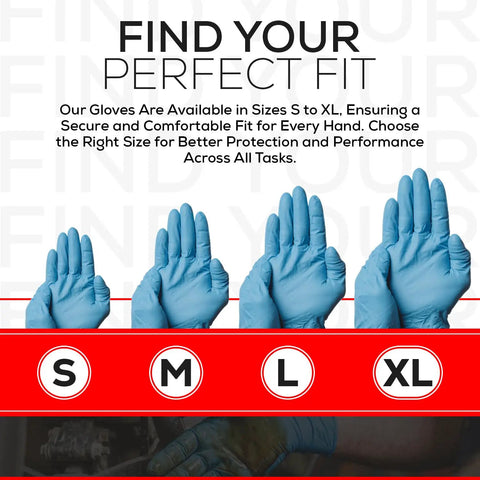 No Bull 8 Mil Nitrile Work Gloves In Blue Featuring Fully Textured Diamond Grip Surface Powder Free Design Engineered For Heavy Duty Industrial Auto And Shop Jobs Hella Durable Tight Grip Control 500 Count Large shown in sizes S to XL for perfect fit.