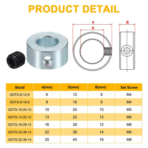 Two Pack Carbon Steel Shaft Collar Bore Five Sixteenth Inch With Five Eighths Inch Outer Diameter And Five Sixteenth Inch Thick Zinc Plated With M4 Set Screws And Wrench For Machine Tool Applications product diagram showing dimensions and set screw details.