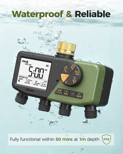 Four Zone Hose Sprinkler Timer With Brass Inlet IP68 Waterproof Digital Control with large display and adjustable knobs underwater