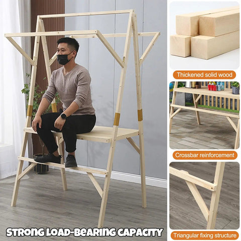 Collapsible Wooden Vendor Cart With Canopy seating man, strong load-bearing capacity, thickened solid wood, rustic design, ample counter space.