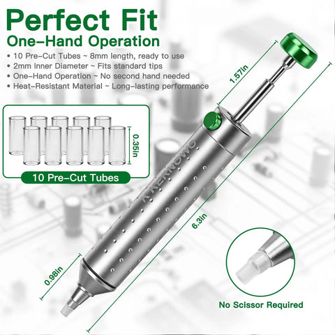 Silver one-hand operation soldering tool with pre-cut tubes, dimensions labeled, against a blurred electronics background.